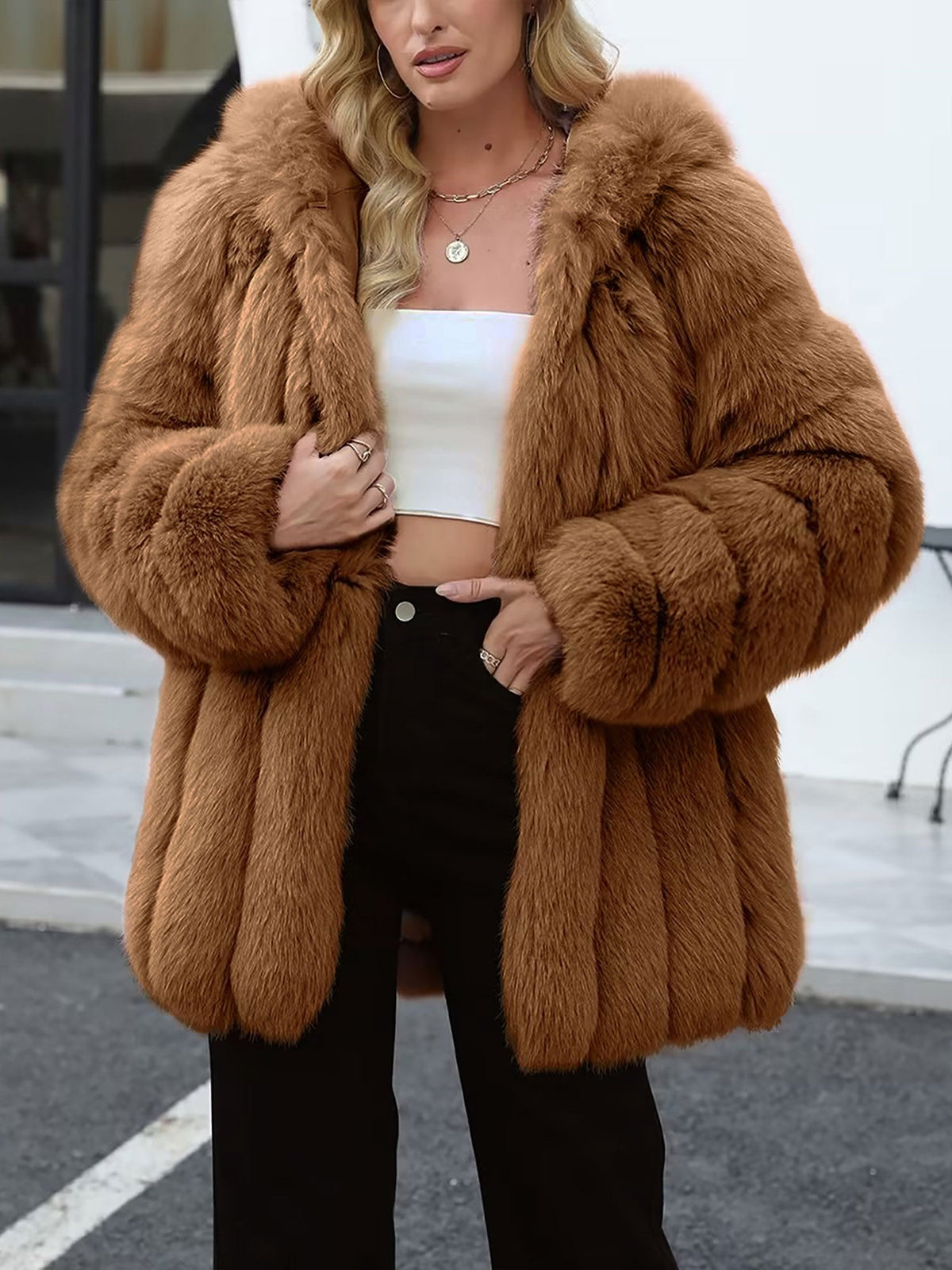 Faux Fur Long Sleeves Fully Lined Winter Coat