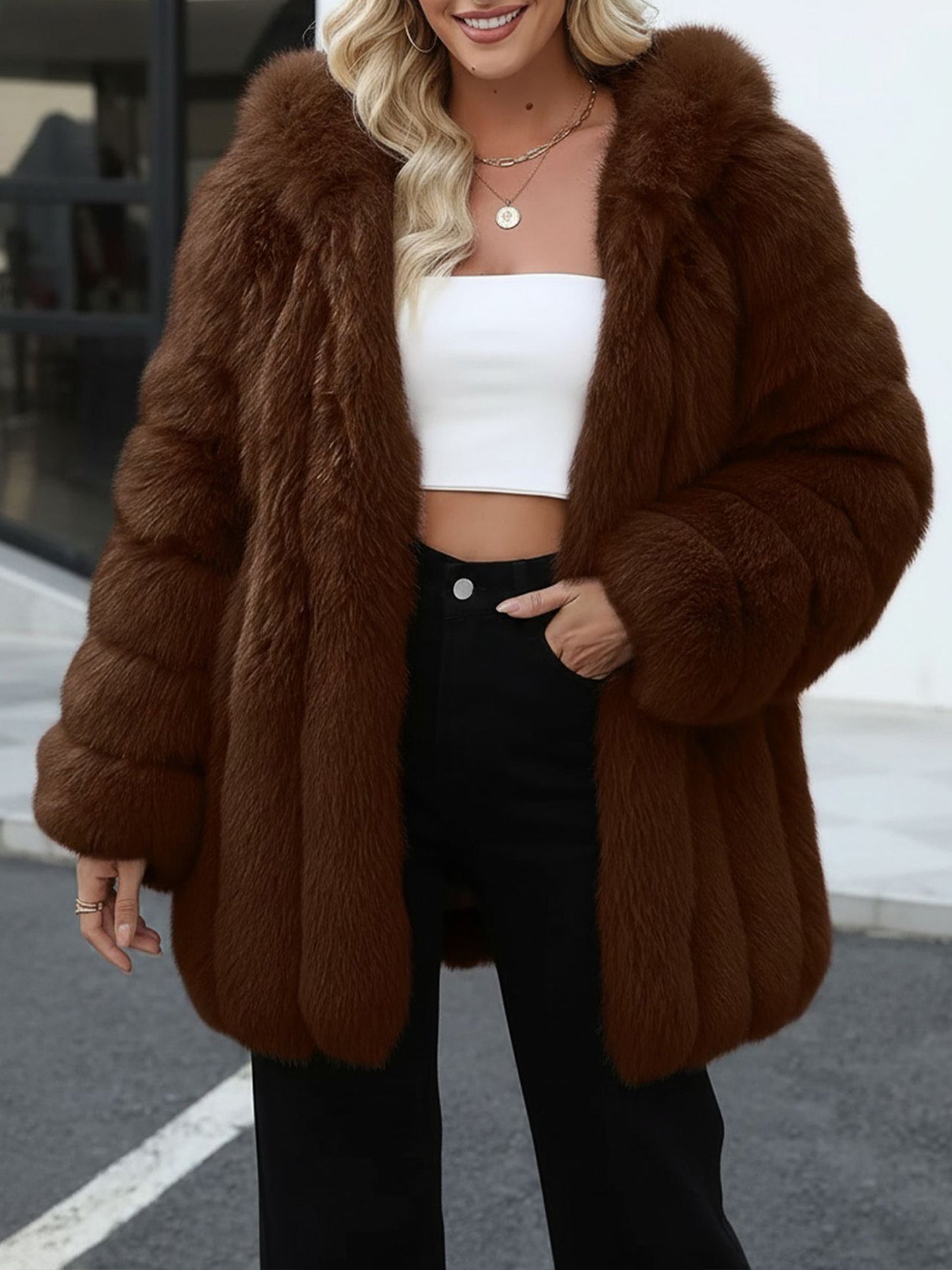 Faux Fur Long Sleeves Fully Lined Winter Coat