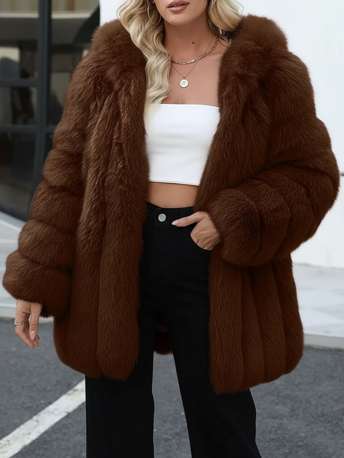 Faux Fur Long Sleeves Fully Lined Winter Coat