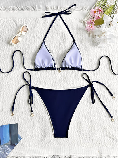 Halter Neck Backless Lace-Up Resort Bikinis Sets