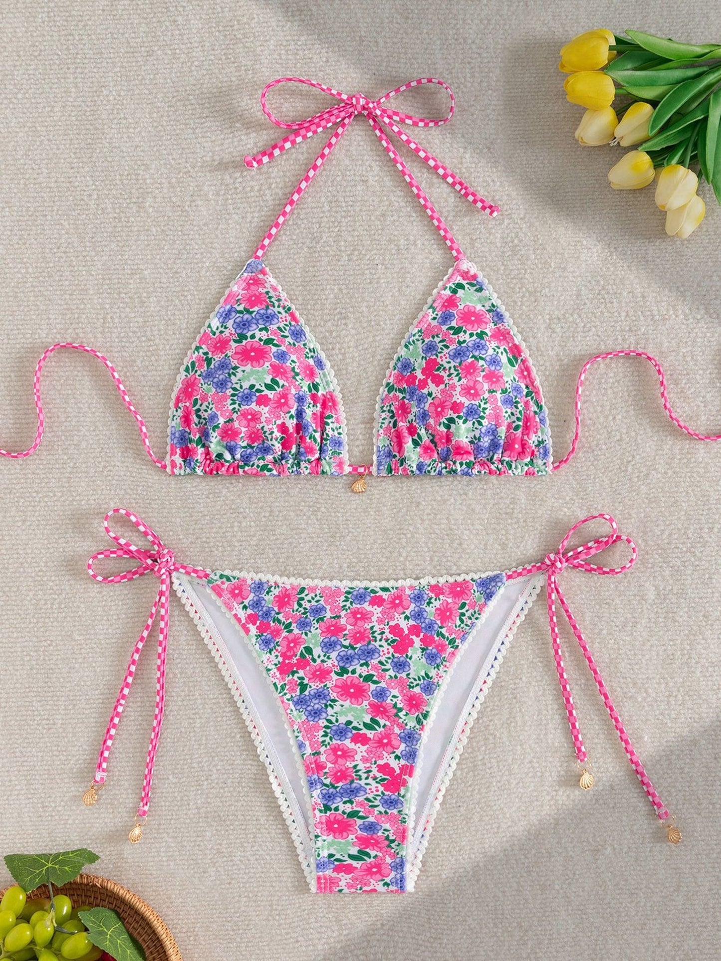 Halter Neck Backless Lace-Up Resort Bikinis Sets