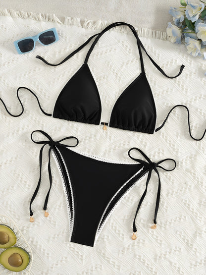 Halter Neck Backless Lace-Up Resort Bikinis Sets