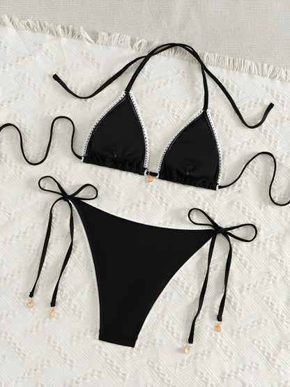 Halter Neck Backless Lace-Up Resort Bikinis Sets