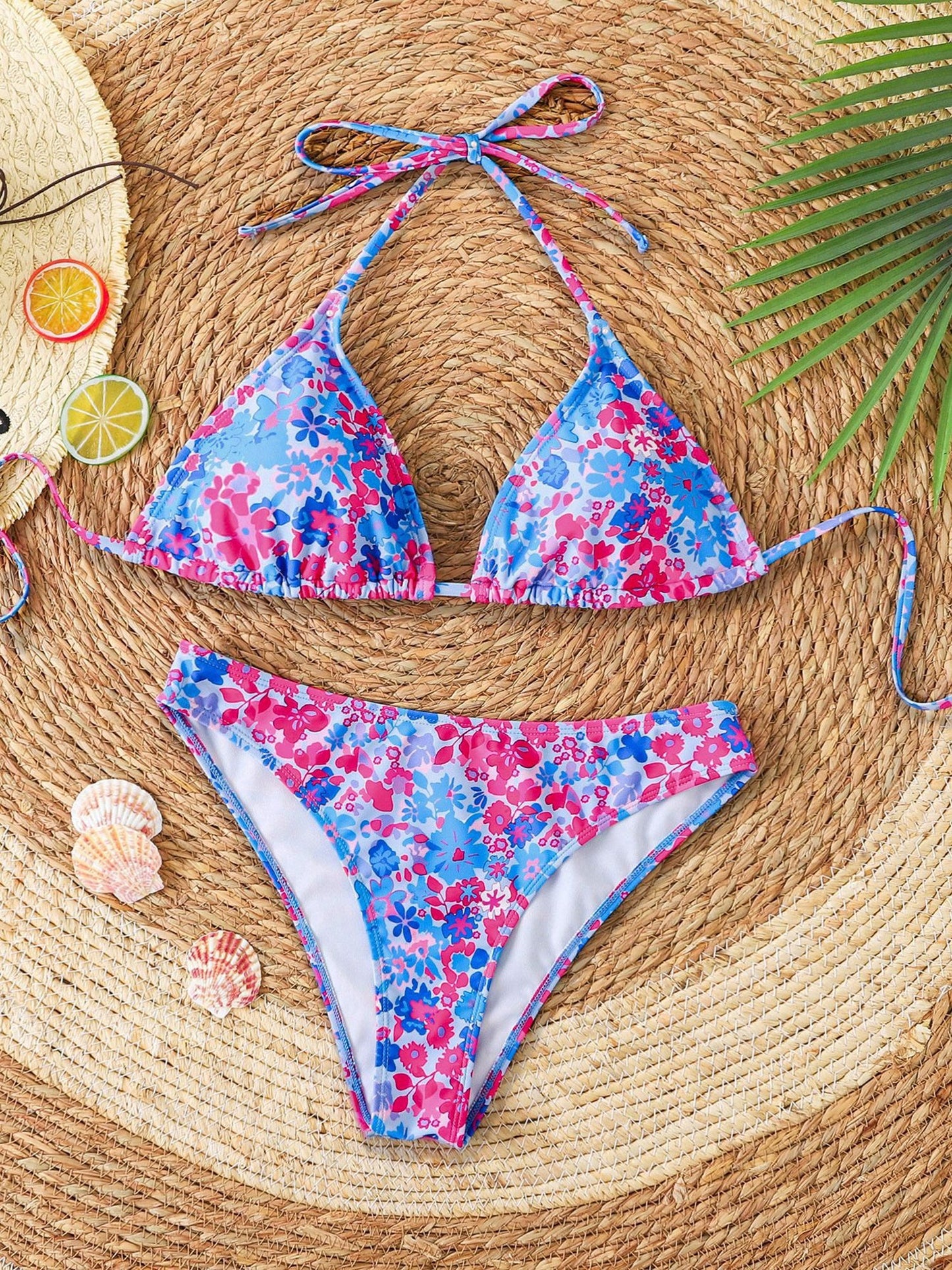 Halter Neck Floral Leopard Triangle Cup Swimsuit Bikinis Sets