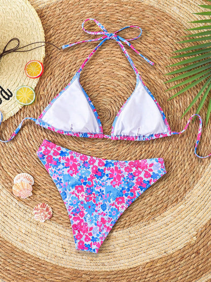 Halter Neck Floral Leopard Triangle Cup Swimsuit Bikinis Sets