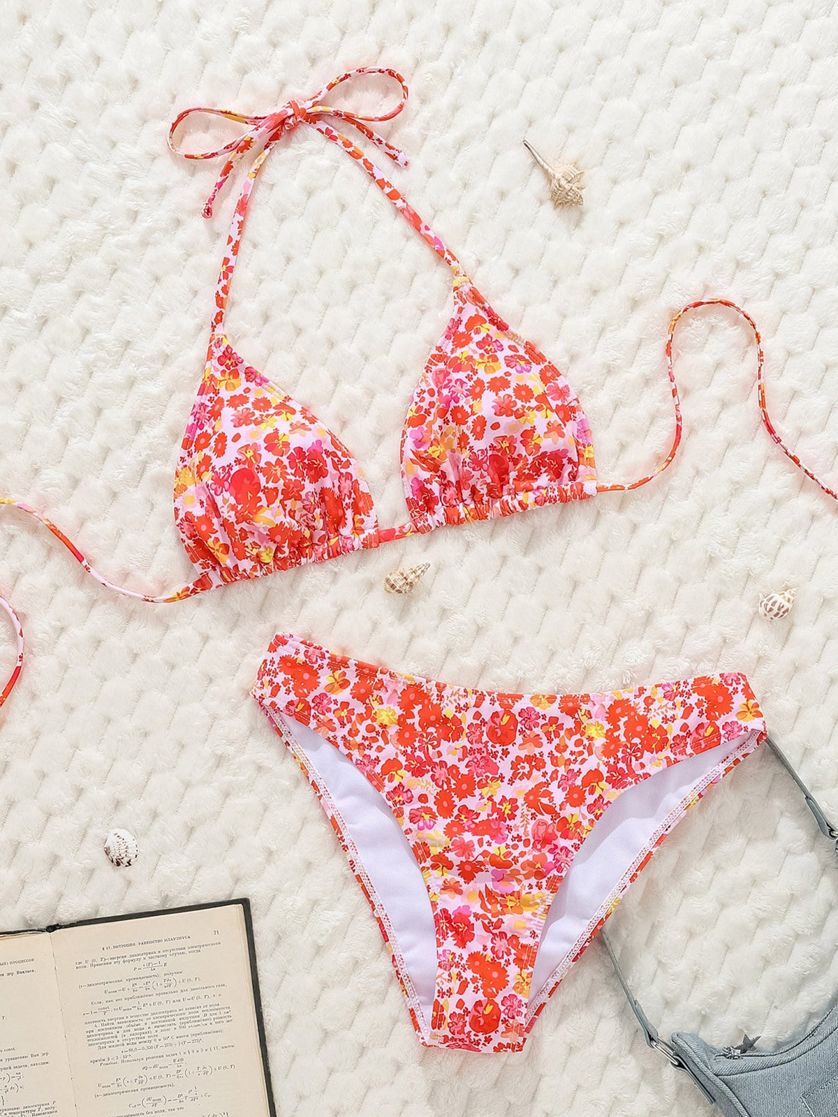 Halter Neck Floral Leopard Triangle Cup Swimsuit Bikinis Sets