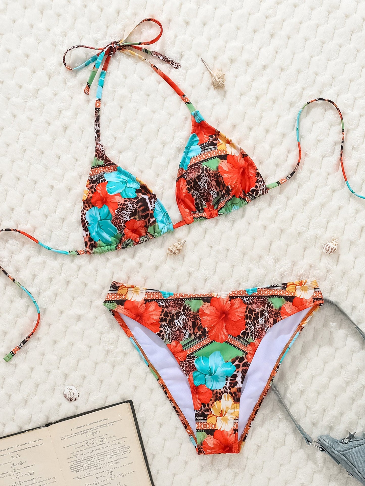Halter Neck Floral Leopard Triangle Cup Swimsuit Bikinis Sets