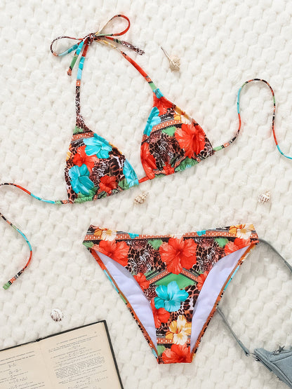 Halter Neck Floral Leopard Triangle Cup Swimsuit Bikinis Sets