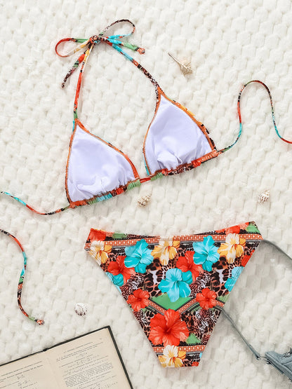 Halter Neck Floral Leopard Triangle Cup Swimsuit Bikinis Sets