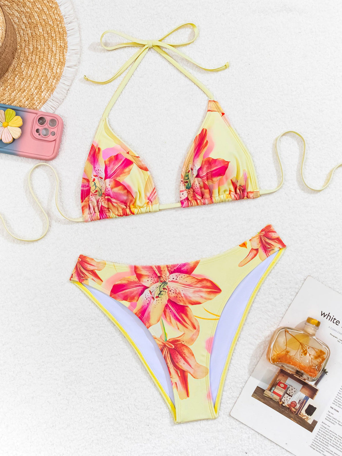 Halter Neck Floral Leopard Triangle Cup Swimsuit Bikinis Sets