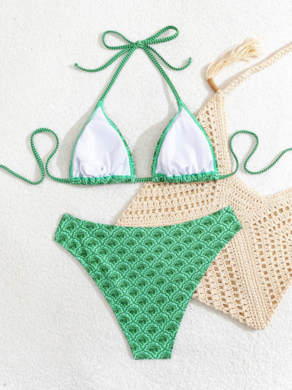 Halter Neck Floral Leopard Triangle Cup Swimsuit Bikinis Sets