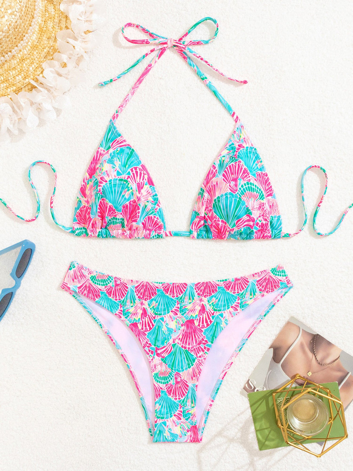 Halter Neck Floral Leopard Triangle Cup Swimsuit Bikinis Sets