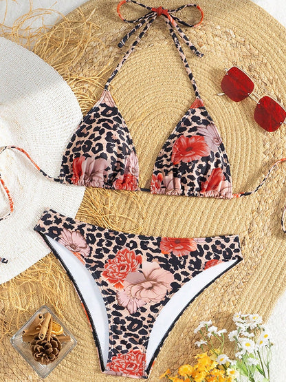 Halter Neck Floral Leopard Triangle Cup Swimsuit Bikinis Sets
