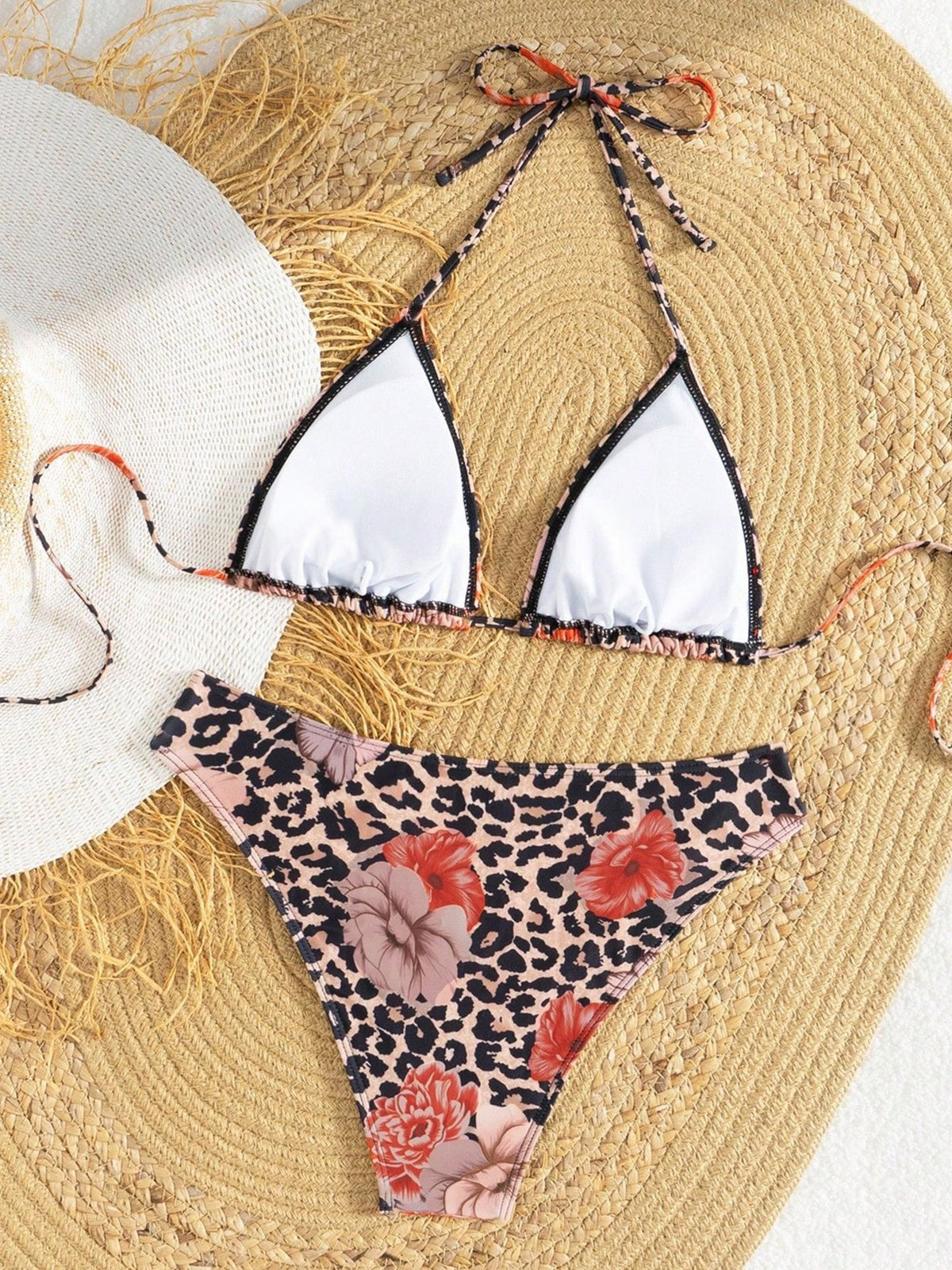 Halter Neck Floral Leopard Triangle Cup Swimsuit Bikinis Sets
