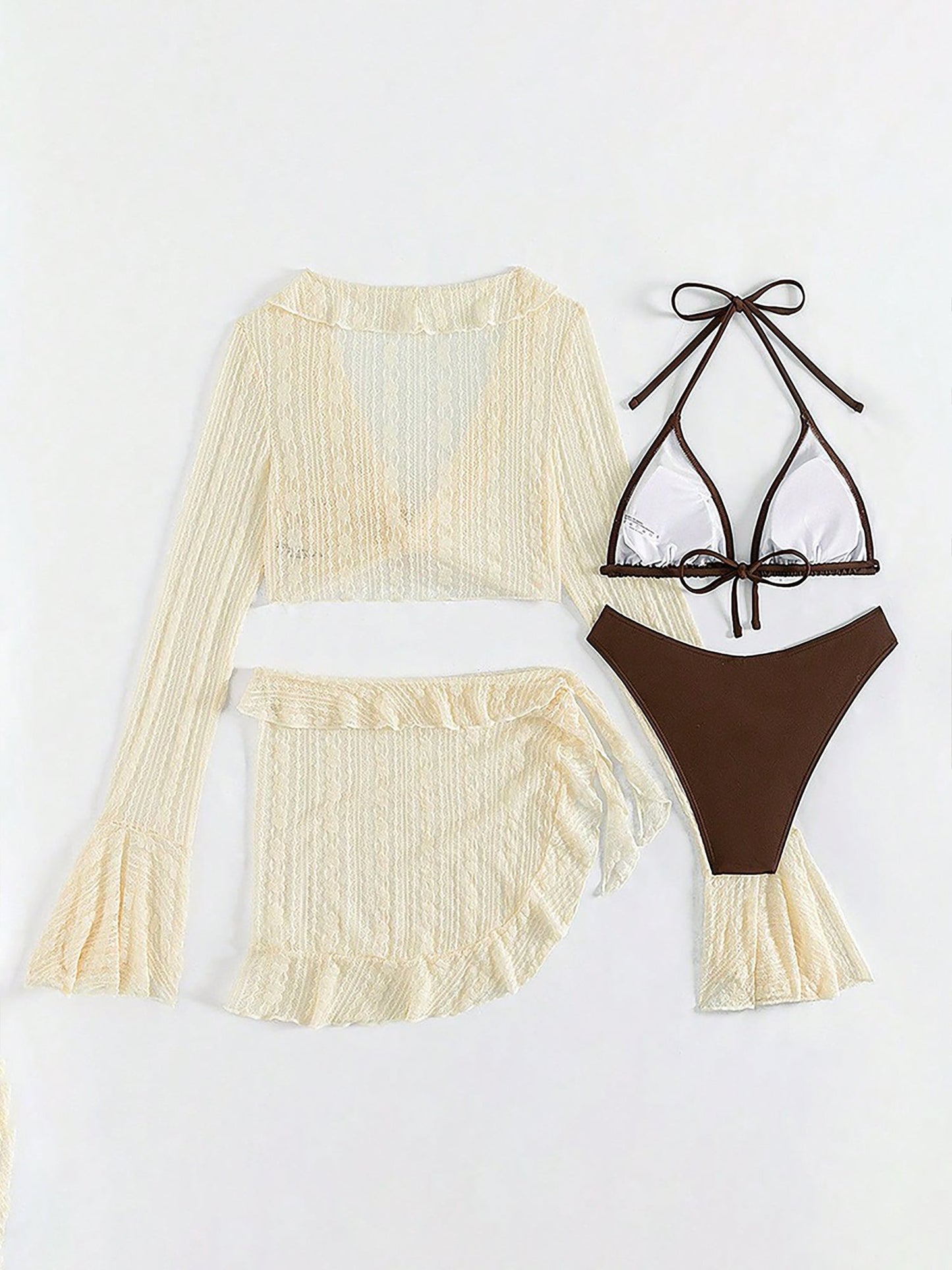 Swimwear Beach Lace Long Sleeve Cover-Ups & Halter Neck Bikinis Set