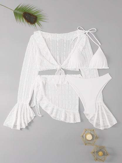 Swimwear Beach Lace Long Sleeve Cover-Ups & Halter Neck Bikinis Set