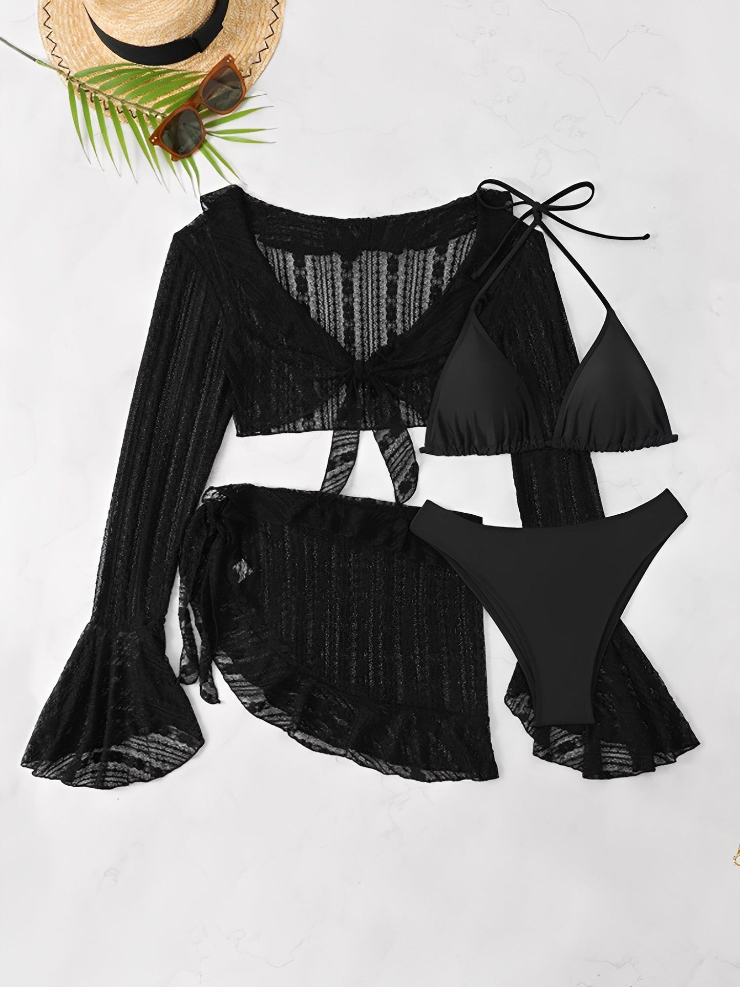 Swimwear Beach Lace Long Sleeve Cover-Ups & Halter Neck Bikinis Set