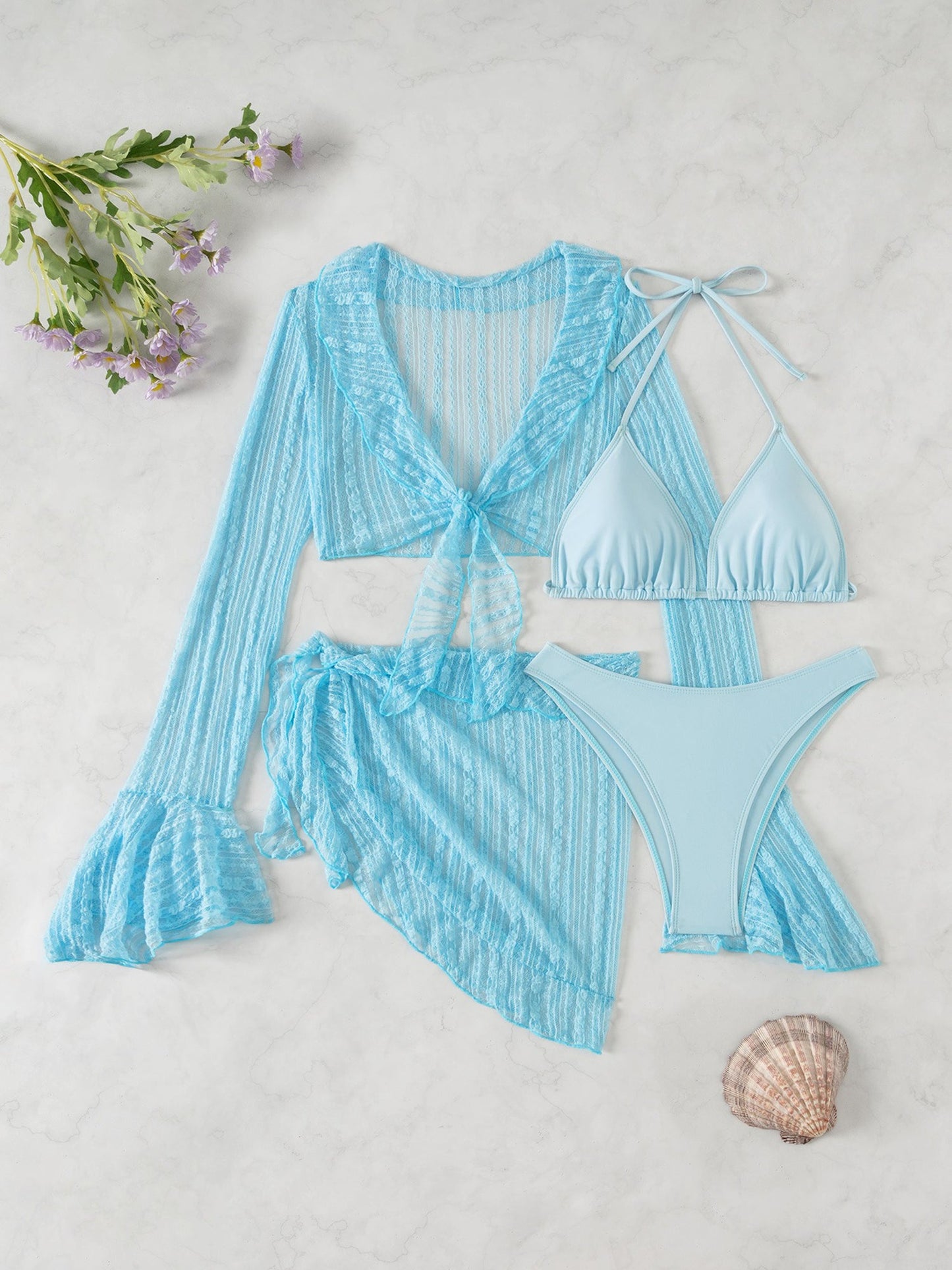 Swimwear Beach Lace Long Sleeve Cover-Ups & Halter Neck Bikinis Set