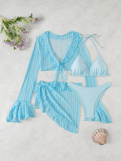Swimwear Beach Lace Long Sleeve Cover-Ups & Halter Neck Bikinis Set