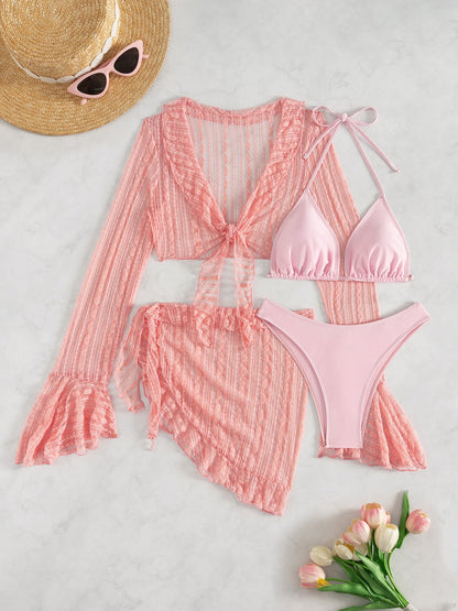 Swimwear Beach Lace Long Sleeve Cover-Ups & Halter Neck Bikinis Set