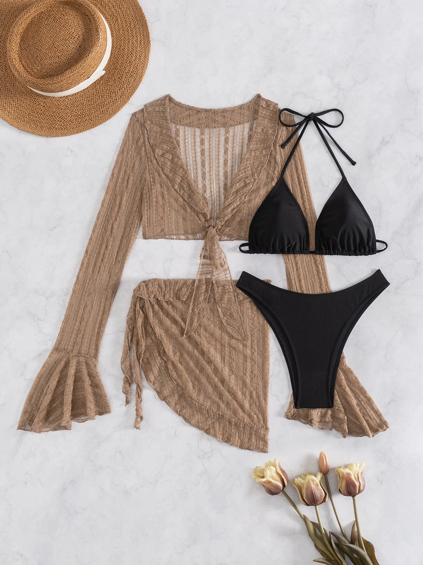 Swimwear Beach Lace Long Sleeve Cover-Ups & Halter Neck Bikinis Set