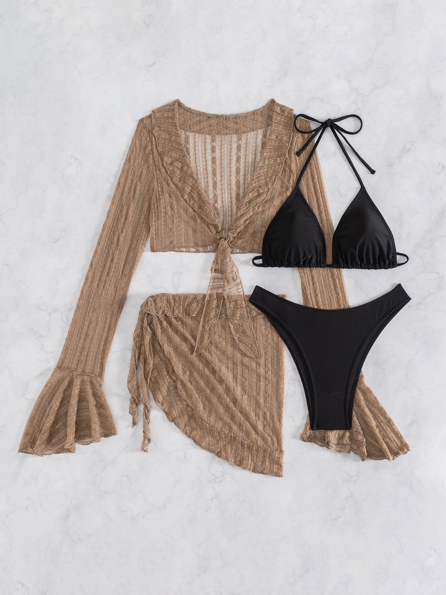 Swimwear Beach Lace Long Sleeve Cover-Ups & Halter Neck Bikinis Set
