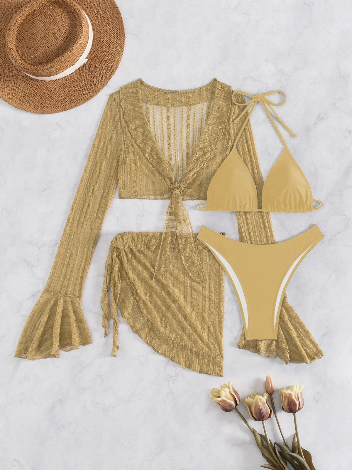Swimwear Beach Lace Long Sleeve Cover-Ups & Halter Neck Bikinis Set