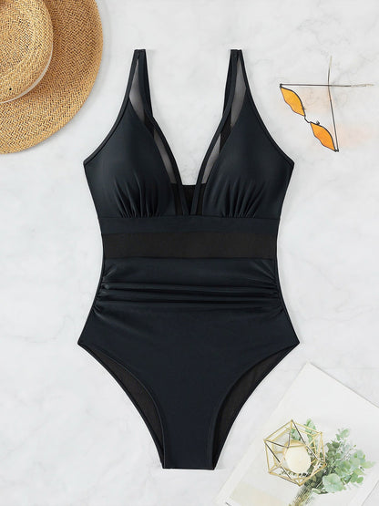 Solid Color Mesh Sleeveless Beach One-Piece Swimsuit