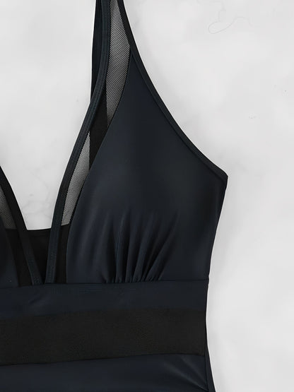 Solid Color Mesh Sleeveless Beach One-Piece Swimsuit