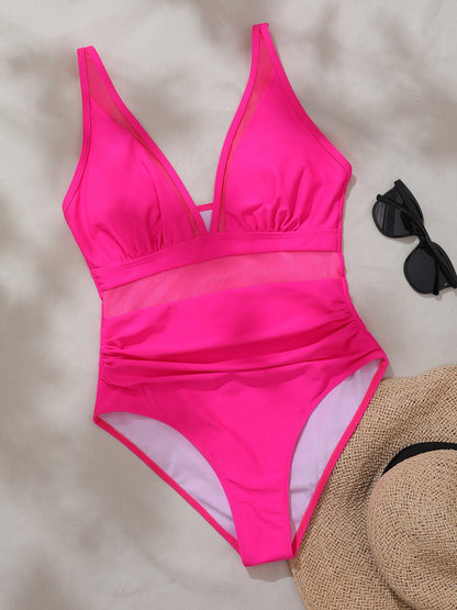 Solid Color Mesh Sleeveless Beach One-Piece Swimsuit