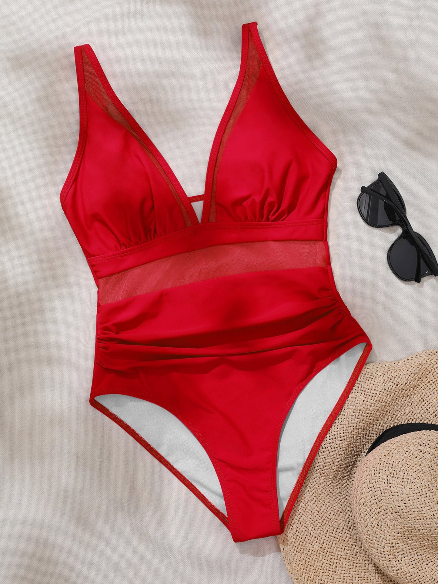 Solid Color Mesh Sleeveless Beach One-Piece Swimsuit