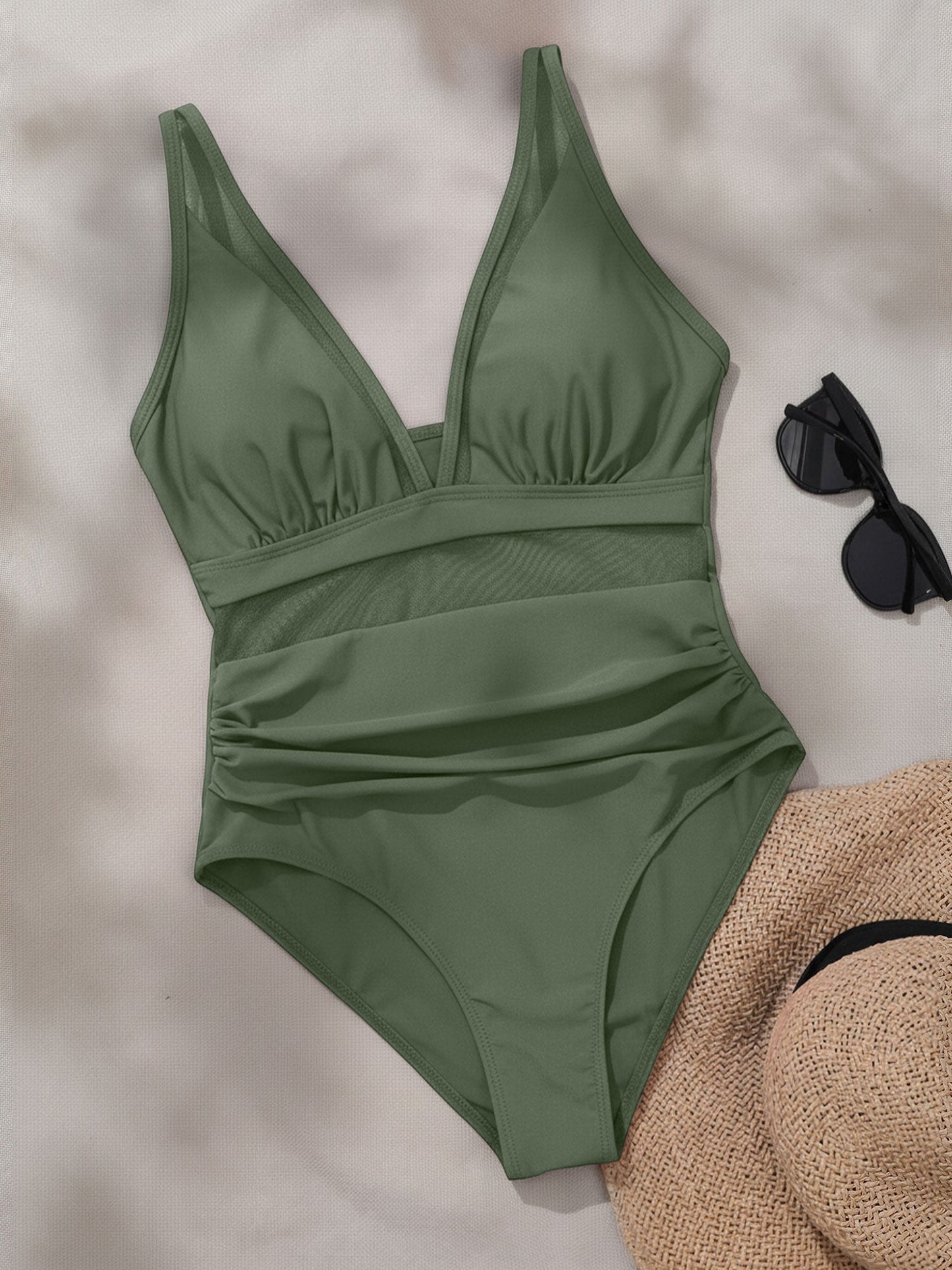 Solid Color Mesh Sleeveless Beach One-Piece Swimsuit