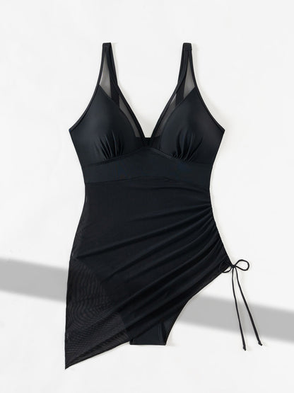 Sleeveless Mesh Drawstring Slimming One-Piece Swimsuit
