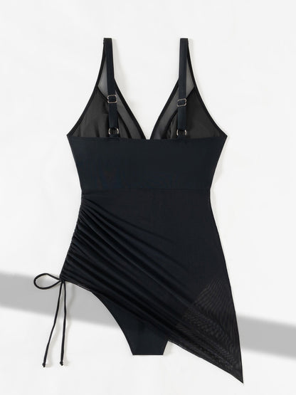 Sleeveless Mesh Drawstring Slimming One-Piece Swimsuit