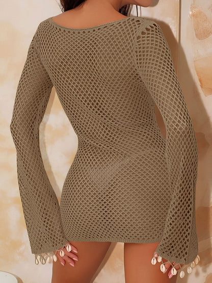 Hollow Out Beach Shell Decor Long Sleeve Cover Ups