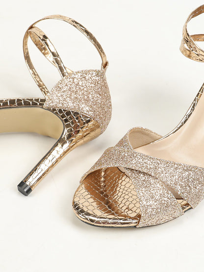 Glitter Cross-Ankle Strap Round Toe Stiletto Sandals