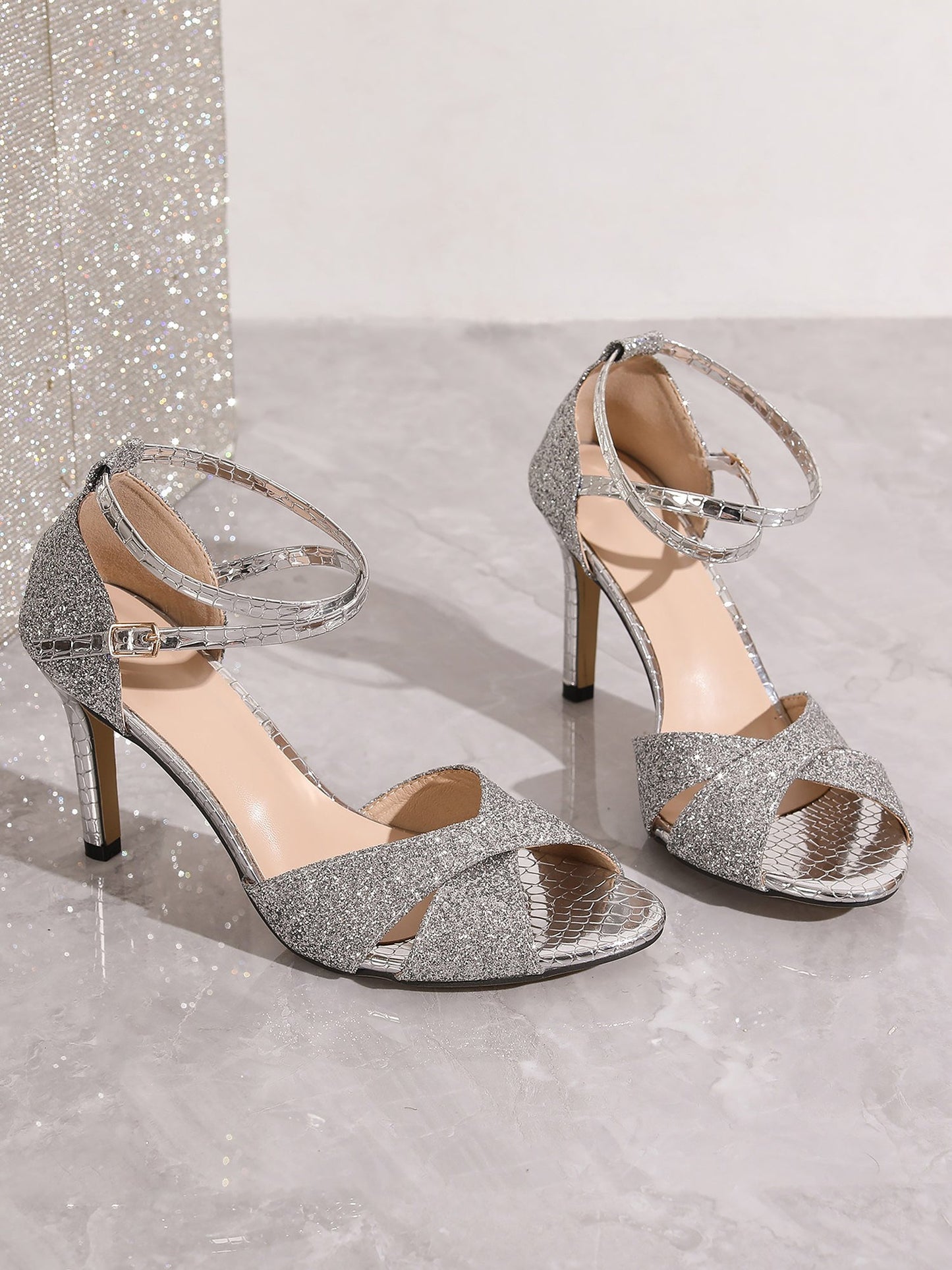 Glitter Cross-Ankle Strap Round Toe Stiletto Sandals