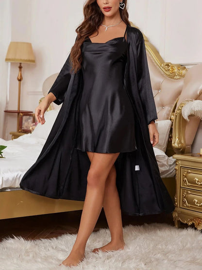 2 Pieces Long Sleeves Kimonos & Cowl Neck Spaghetti Strap Nightdress Loungewear Set