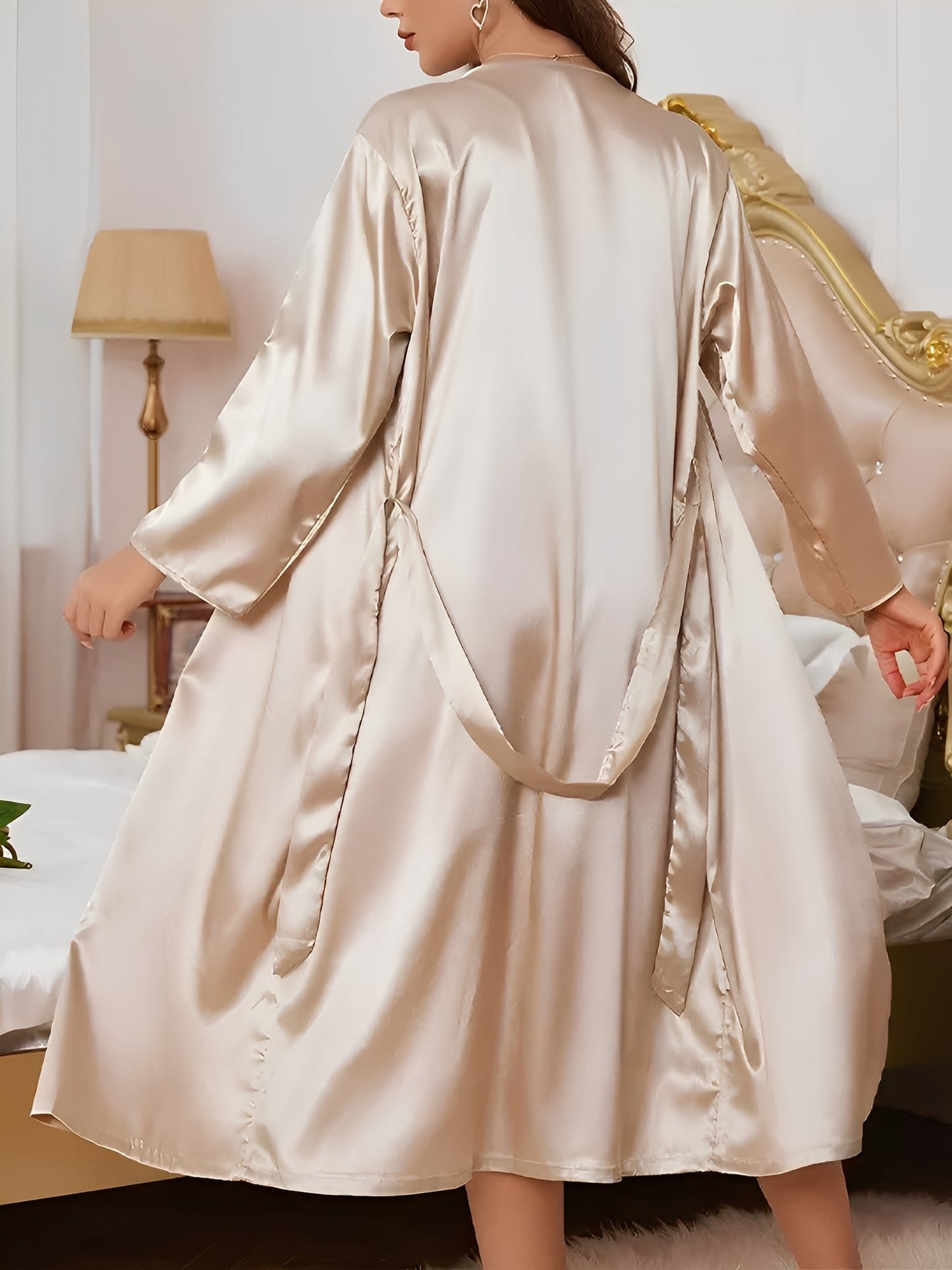 2 Pieces Long Sleeves Kimonos & Cowl Neck Spaghetti Strap Nightdress Loungewear Set