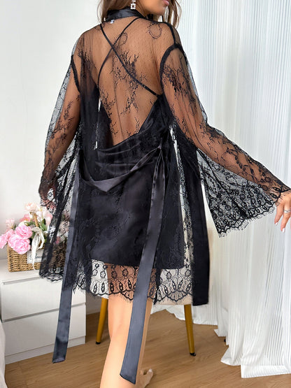 2 Pieces Backless Mini Night Gown & Lace Sheer Kimonos Loungewear Set