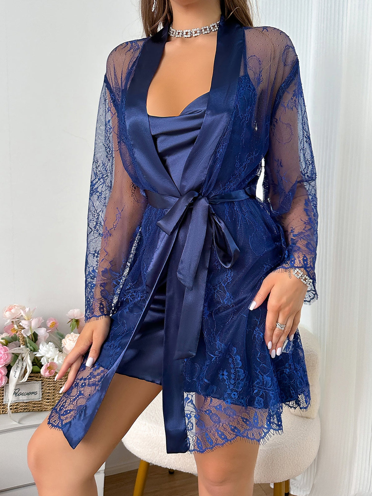 2 Pieces Backless Mini Night Gown & Lace Sheer Kimonos Loungewear Set