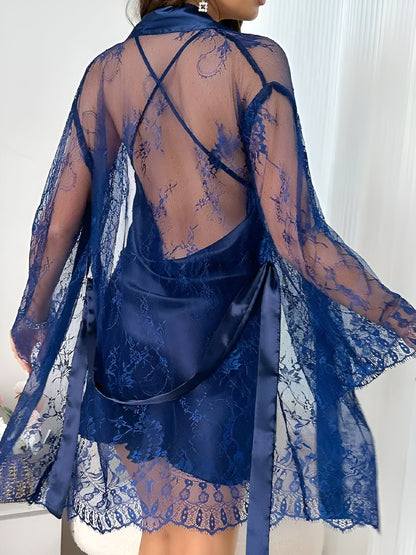 2 Pieces Backless Mini Night Gown & Lace Sheer Kimonos Loungewear Set