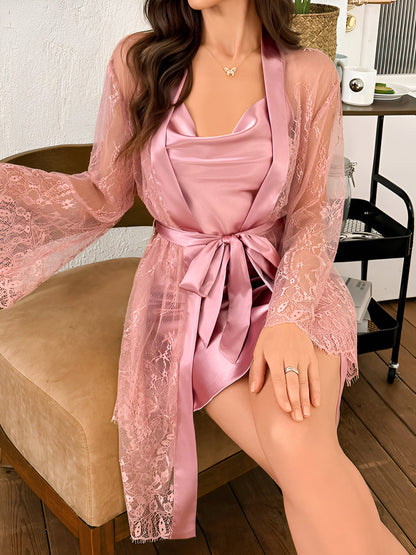 2 Pieces Backless Mini Night Gown & Lace Sheer Kimonos Loungewear Set