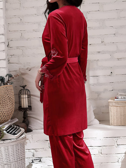 4 Pieces Velvet Padded Nightgown & Camisole & Pants & Long Sleeves Kimonos Loungewear Set
