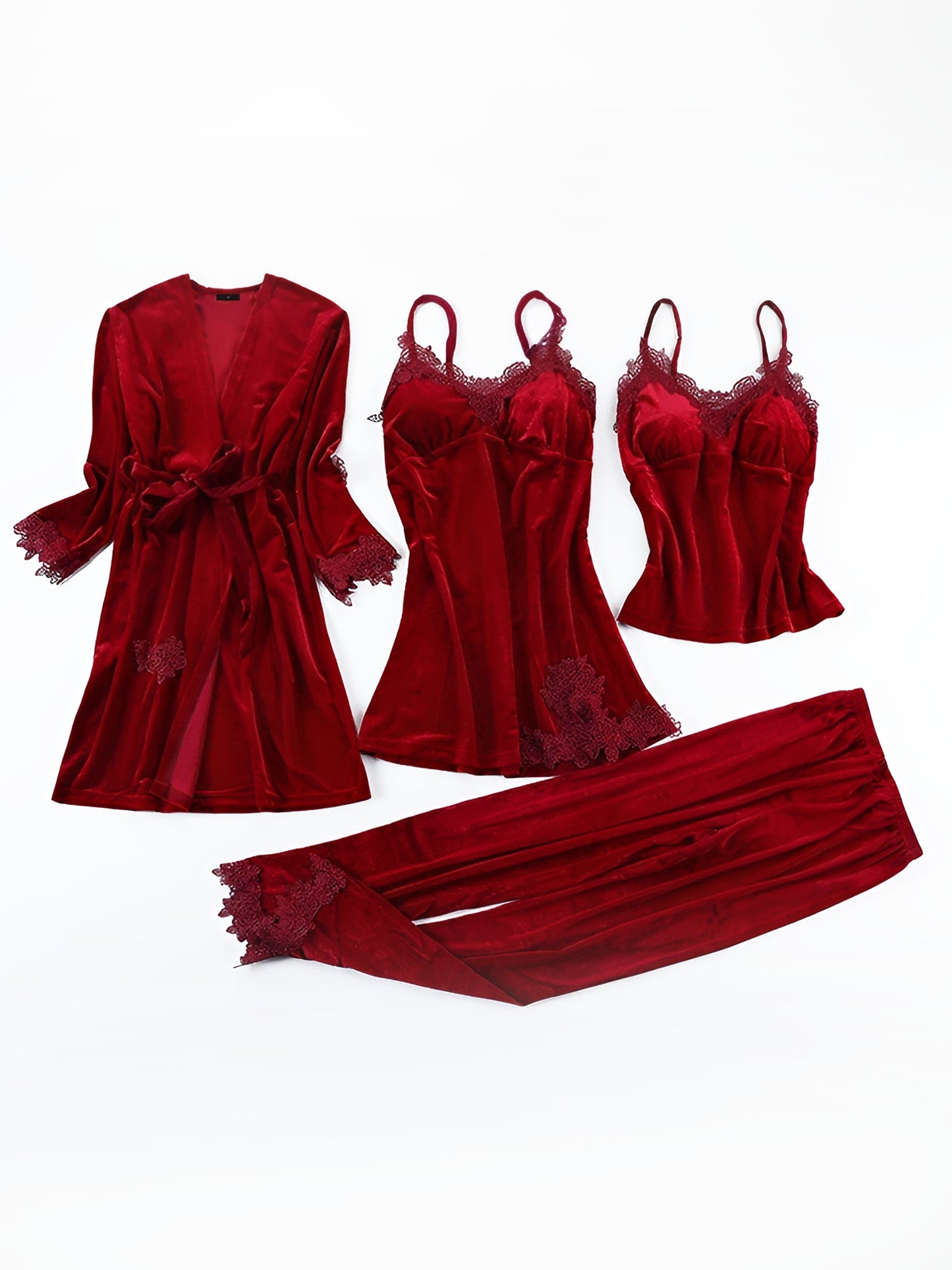4 Pieces Velvet Padded Nightgown & Camisole & Pants & Long Sleeves Kimonos Loungewear Set