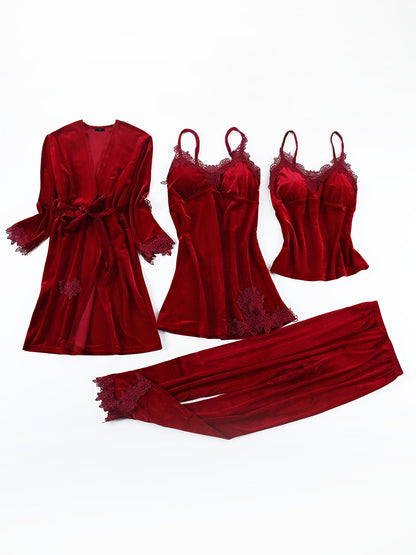 4 Pieces Velvet Padded Nightgown & Camisole & Pants & Long Sleeves Kimonos Loungewear Set