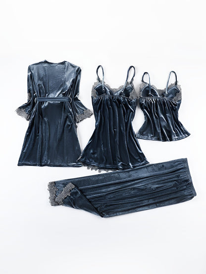 4 Pieces Velvet Padded Nightgown & Camisole & Pants & Long Sleeves Kimonos Loungewear Set