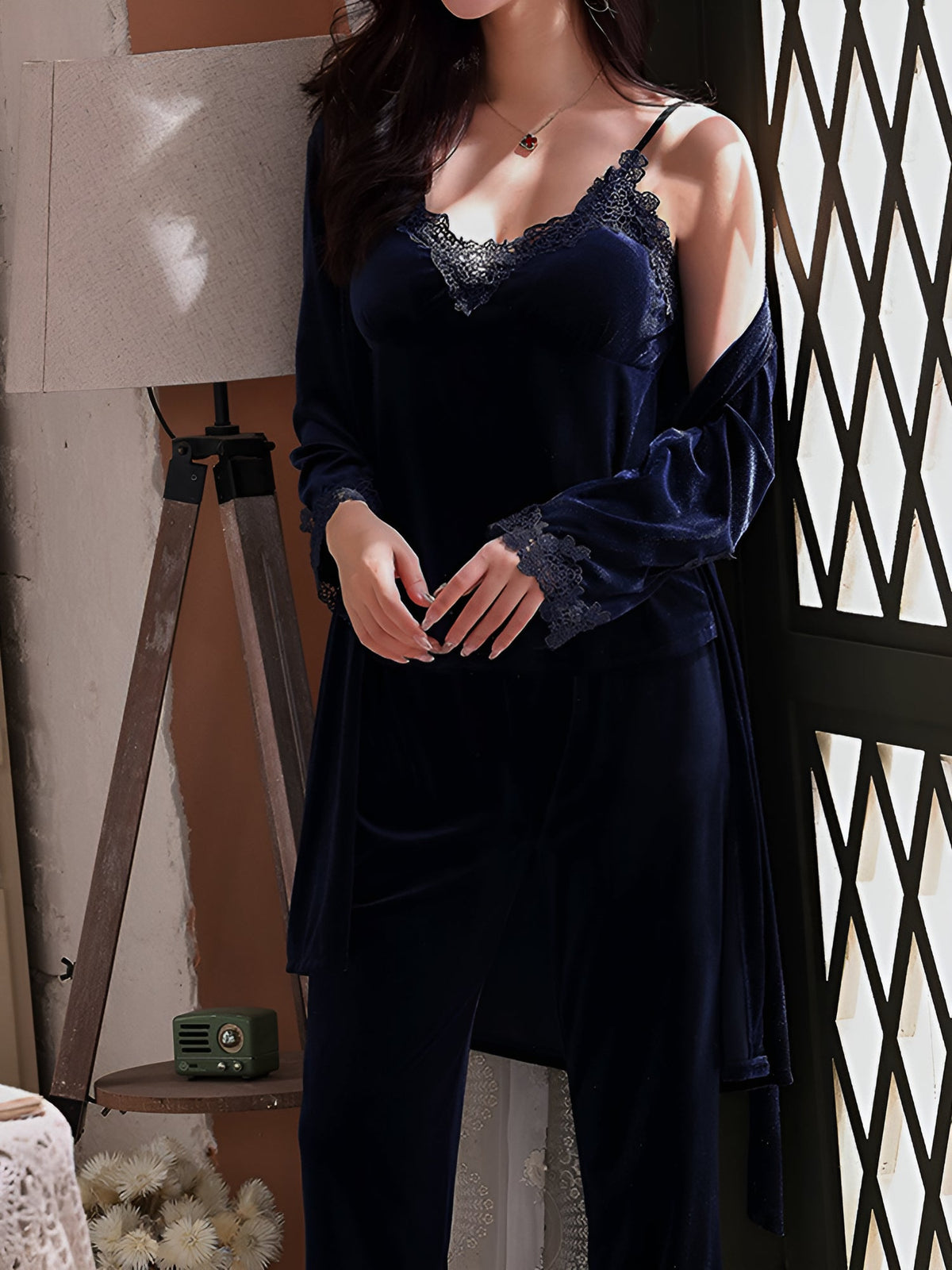 4 Pieces Velvet Padded Nightgown & Camisole & Pants & Long Sleeves Kimonos Loungewear Set