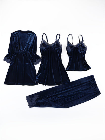 4 Pieces Velvet Padded Nightgown & Camisole & Pants & Long Sleeves Kimonos Loungewear Set