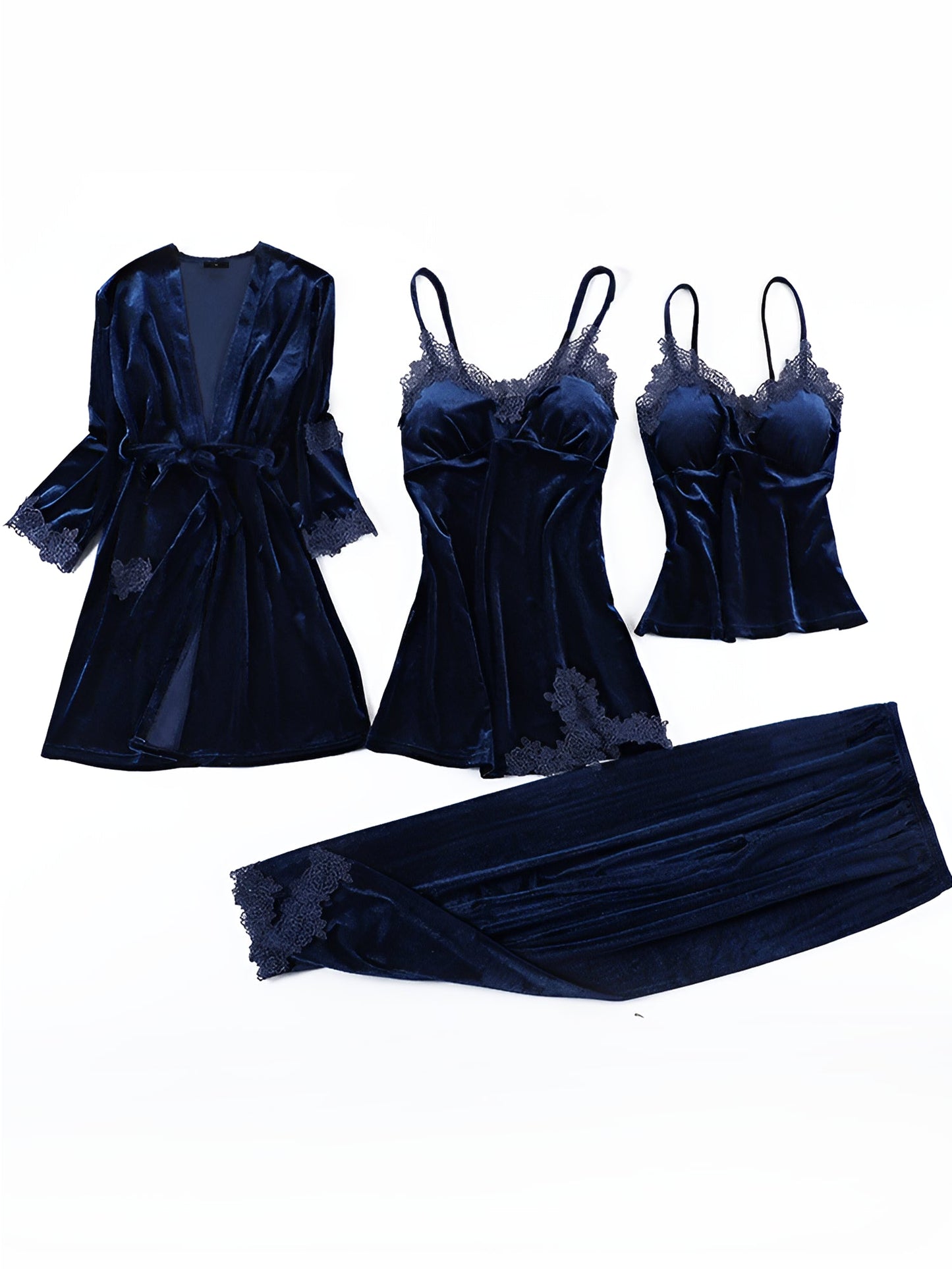 4 Pieces Velvet Padded Nightgown & Camisole & Pants & Long Sleeves Kimonos Loungewear Set